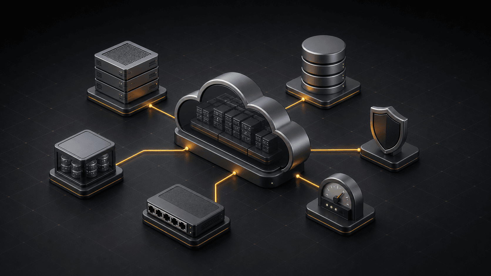 Cloud fundamentals model connecting compute, storage, database, security, and network services